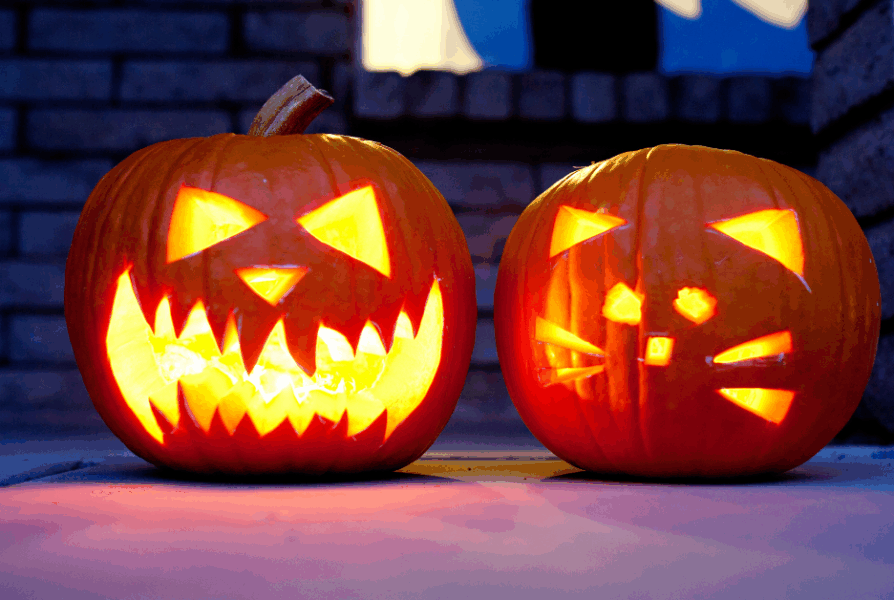Carved Halloween pumpkins showing how to reuse pumpkin flesh for soup and seeds